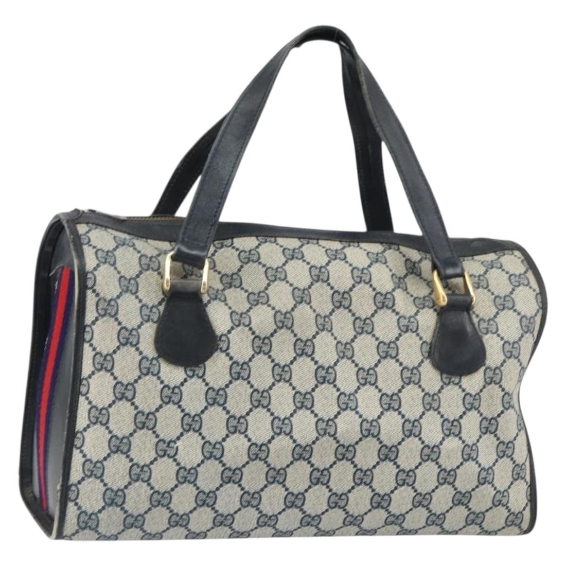 Navy GG Supreme Sherry Line Boston Bag by Gucci in PVC Leather: Navy GG Supreme Sherry Line Boston Bag by Gucci in PVC Leather This is a GUCCI GG Supreme Sherry Line Boston Bag, crafted from PVC leather and GG canvas in navy and gold tones. Made in Italy, this Bos