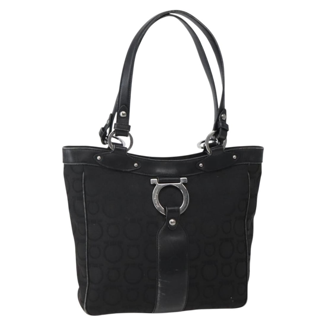 Salvatore Ferragamo Gancini Black Canvas Tote Bag Italy Auth 143217: Salvatore Ferragamo Gancini Black Canvas Tote Bag Italy Auth 143217 This Salvatore Ferragamo Gancini Tote Bag is a stylish accessory made in Italy, featuring a classic black and silver color scheme. C
