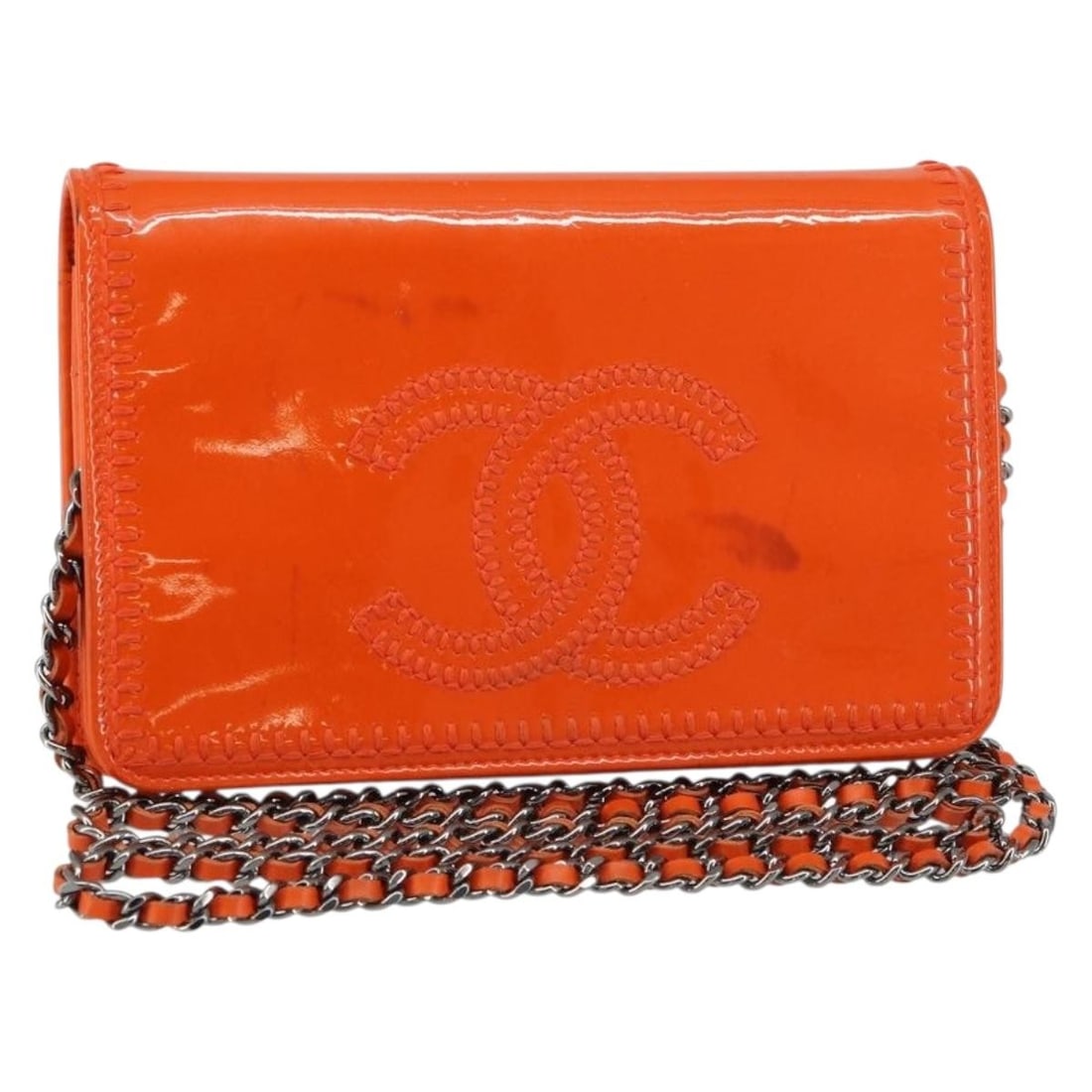 CHANEL Coco Mark Chain Wallet Orange Patent Leather Silver CC Authentic (1 of 18)