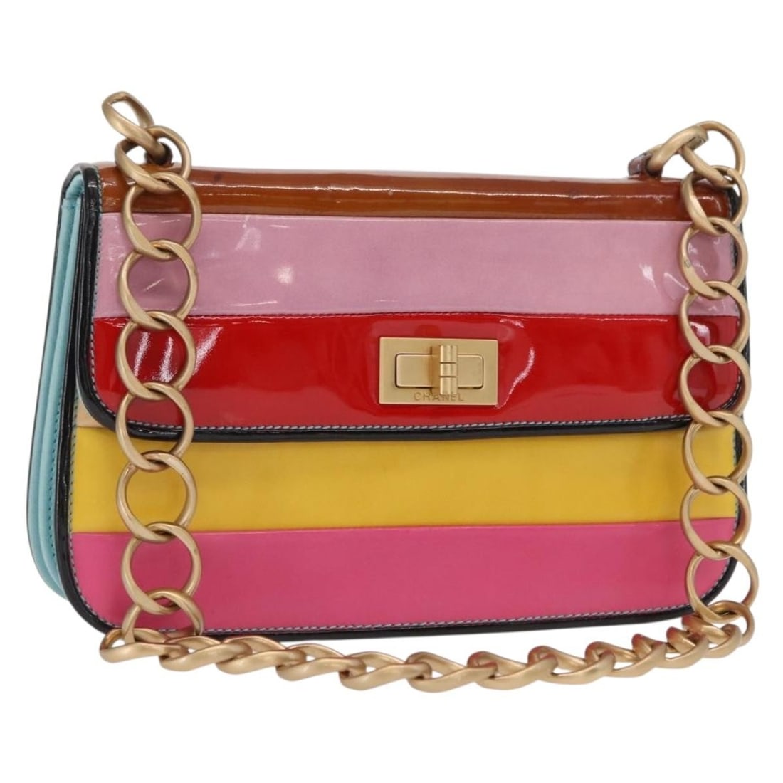 Chanel 2.55 Patent Leather Multicolor Shoulder Bag with Gold Chain and CC Logo (1 of 18)