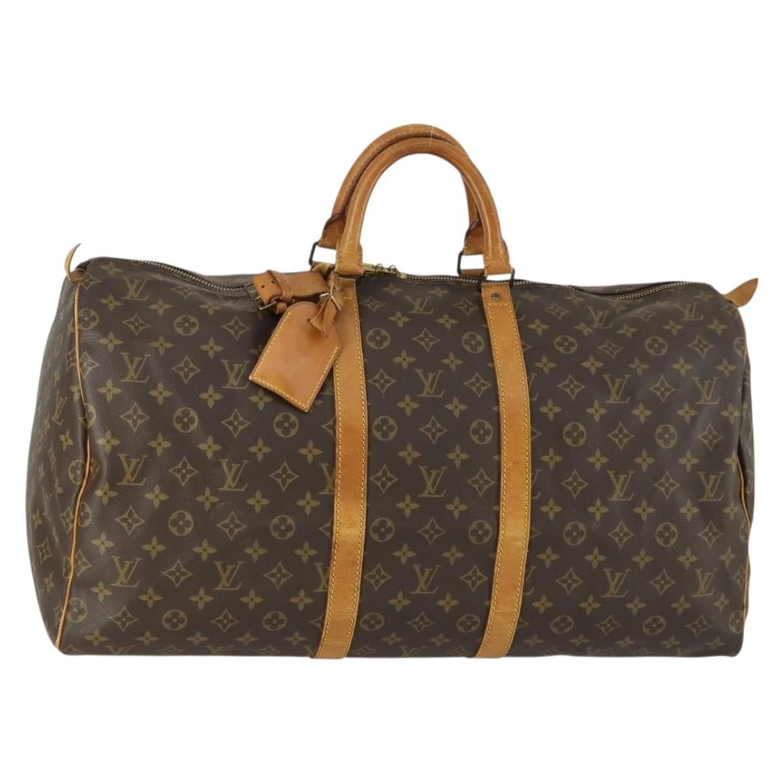 Louis Vuitton Keepall 55 Monogram Canvas Boston Bag M41424 with Name Tag: Louis Vuitton Keepall 55 Monogram Canvas Boston Bag M41424 with Name Tag This is a Louis Vuitton Monogram Keepall 55 Boston Bag, crafted from signature monogram canvas. The bag features natural leathe