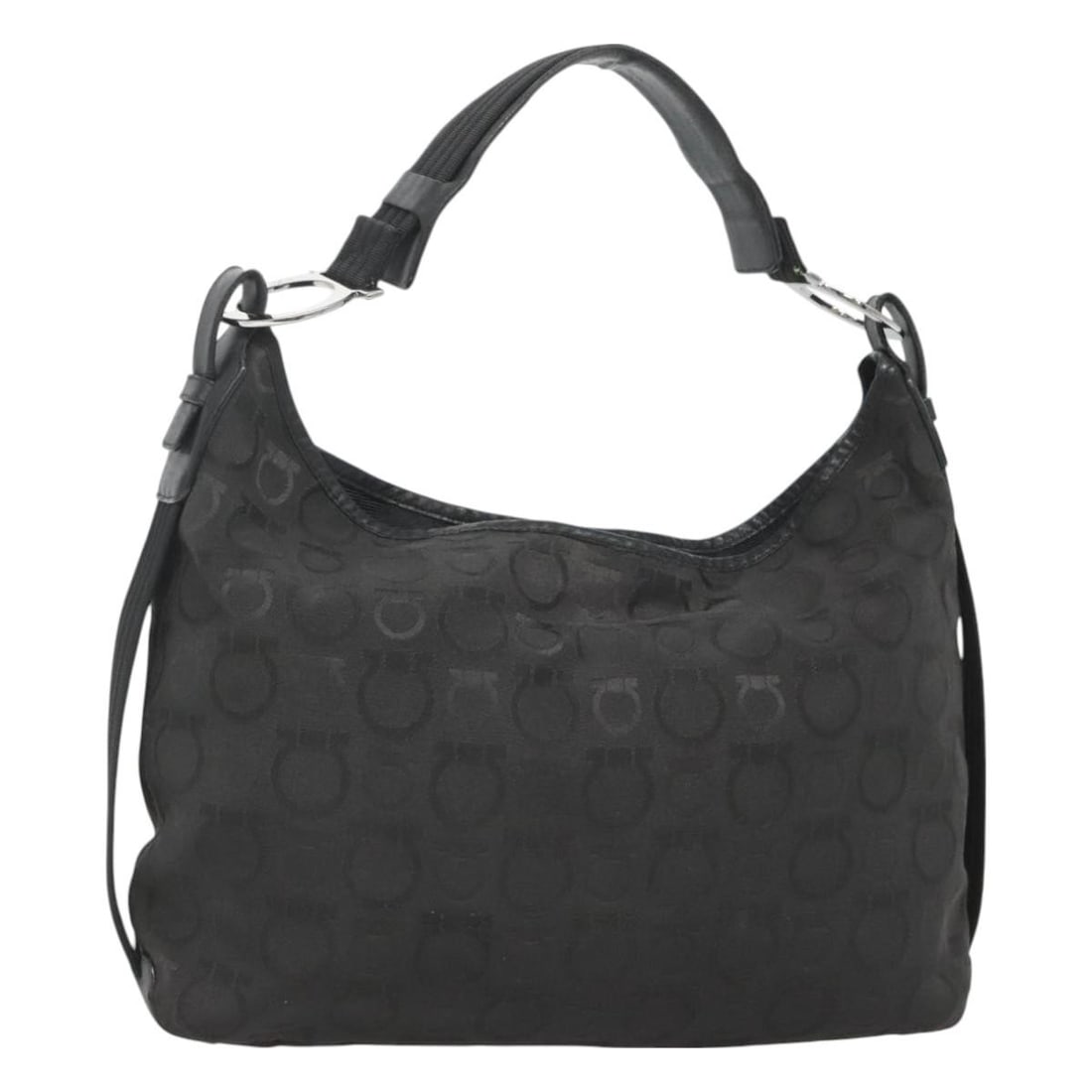 Salvatore Ferragamo Gancini Shoulder Bag Black Silver Canvas Auth Italy: Salvatore Ferragamo Gancini Shoulder Bag Black Silver Canvas Auth Italy Elevate your style with this authentic Salvatore Ferragamo Gancini Shoulder Bag, crafted in Italy from durable canvas. The sleek
