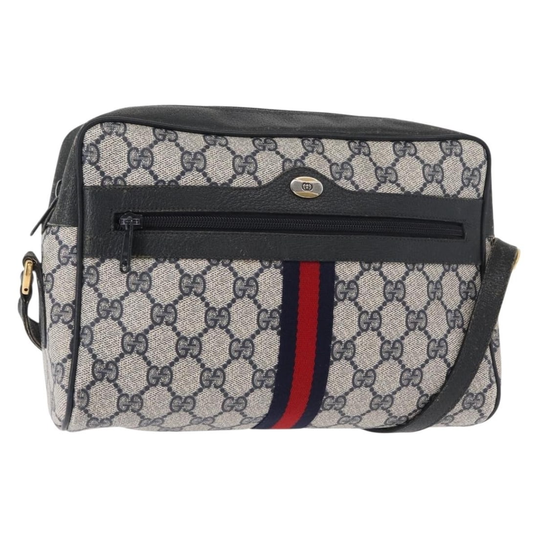 GUCCI GG Supreme Sherry Line Navy Gold PVC Shoulder Bag 68 02 005 Auth: GUCCI GG Supreme Sherry Line Navy Gold PVC Shoulder Bag 68 02 005 Auth This authentic GUCCI GG Supreme Sherry Line Shoulder Bag is a stylish accessory made in Italy, featuring a sophisticated combinat