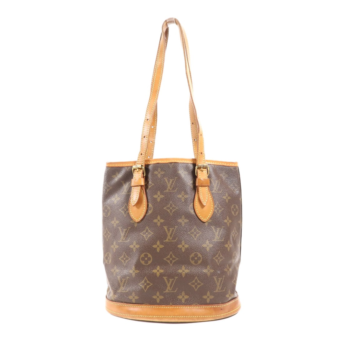 LOUIS VUITTON Monogram Bucket PM Tote Bag M42238 Brown GHW: LOUIS VUITTON Monogram Bucket PM Tote Bag M42238 Brown GHW This Louis Vuitton Bucket PM Tote Bag is a stylish accessory that exemplifies luxury and practicality. Crafted from durable PVC coated canvas