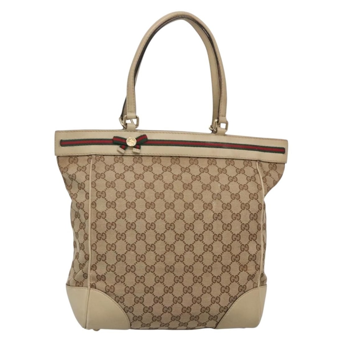 GUCCI GG Canvas Web Sherry Line Tote Bag Beige Gold 257062 Italy Auth (1 of 18)