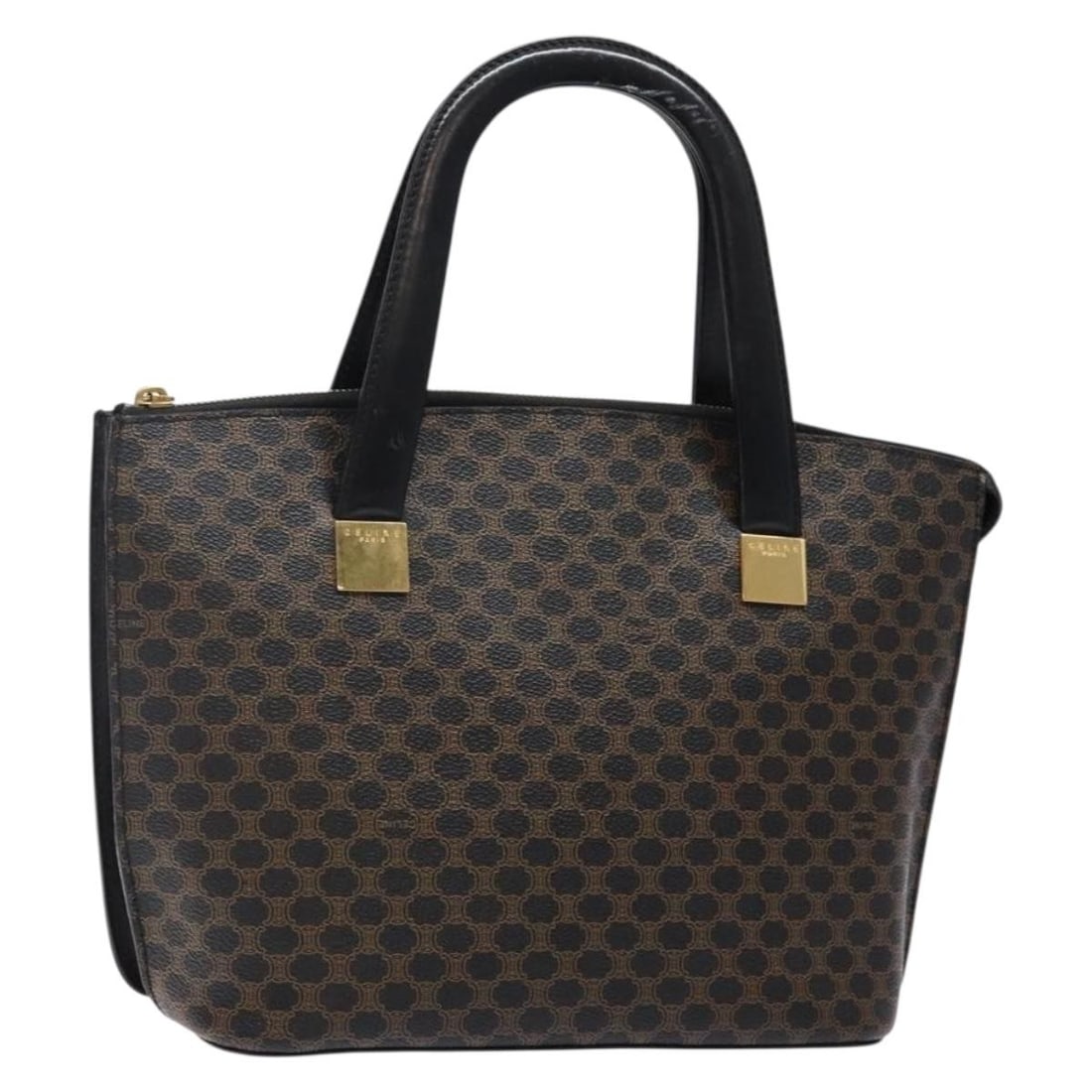 CELINE Black Gold Macadam Canvas Hand Bag PVC Leather Made in Italy: CELINE Black Gold Macadam Canvas Hand Bag PVC Leather Made in Italy This authentic CELINE Macadam Canvas Hand Bag is a stylish accessory crafted in Italy, featuring a sophisticated black and gold colo