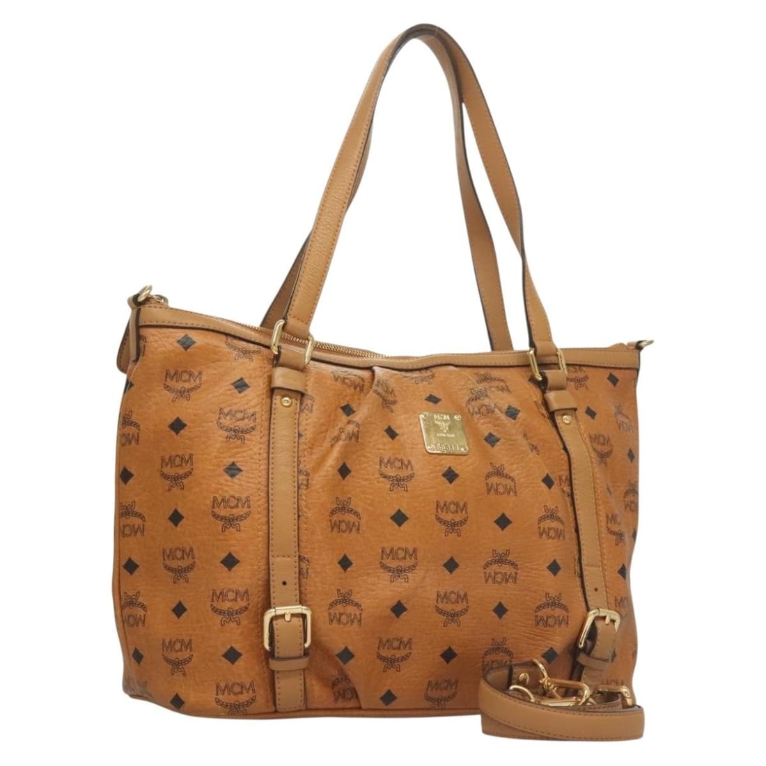 MCM Logogram Vicetos 2-Way Tote Bag PVC Leather Brown Gold Auth (1 of 18)