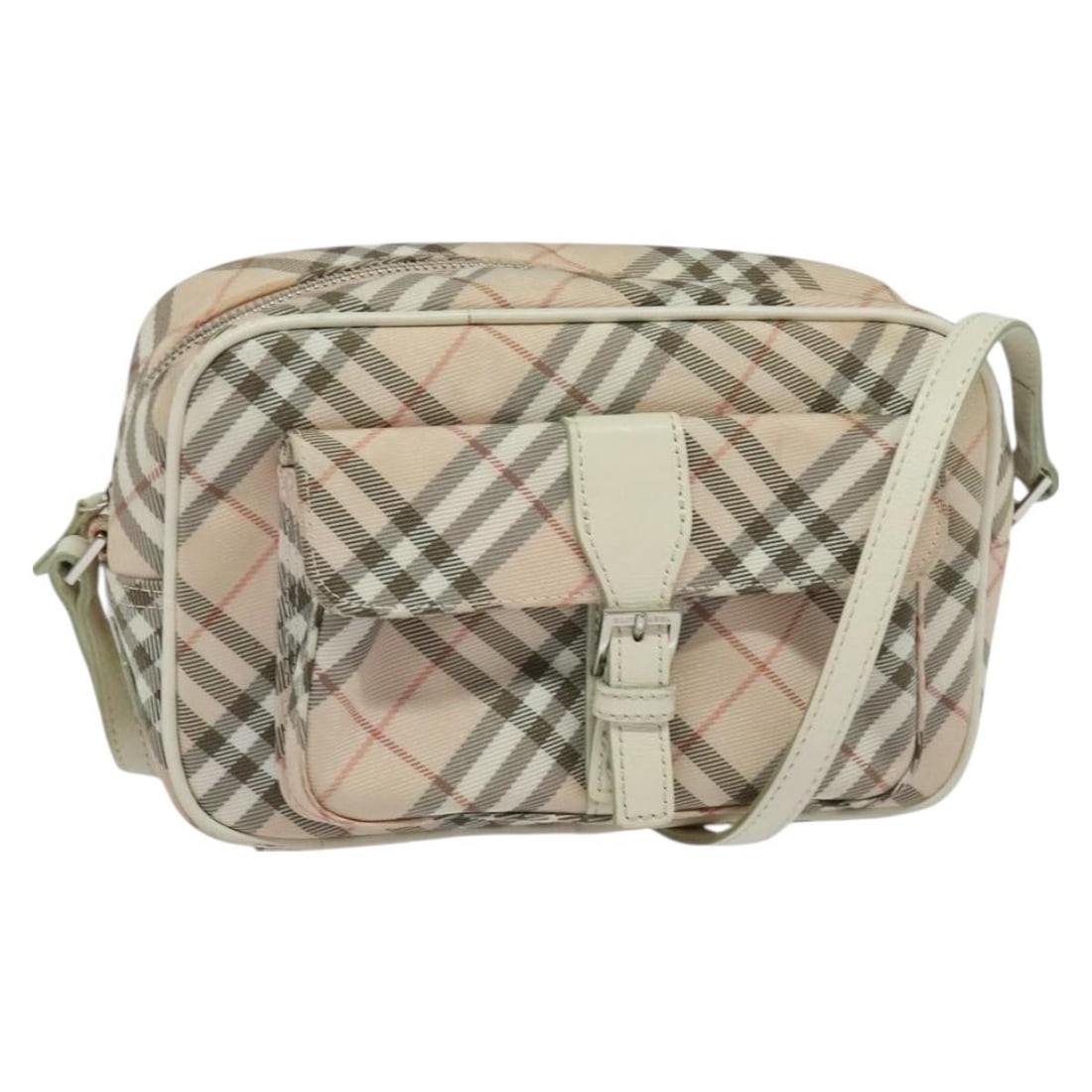 BURBERRY Nova Check Pink Silver Canvas Shoulder Bag Auth 127833: BURBERRY Nova Check Pink Silver Canvas Shoulder Bag Auth 127833 This Burberry Nova Check Shoulder Bag is a stylish accessory crafted from durable canvas in a chic pink and silver color scheme. With di