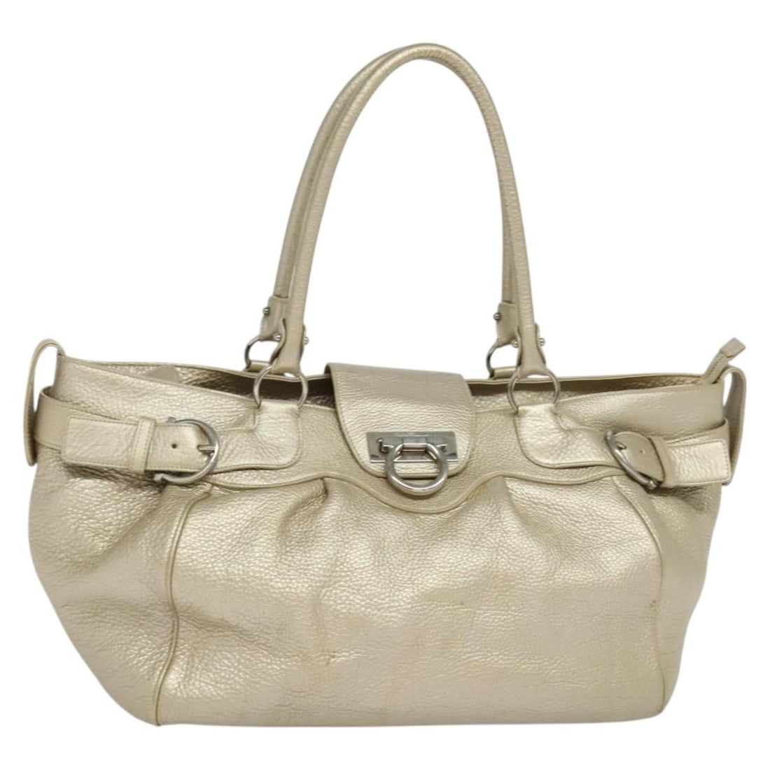 Salvatore Ferragamo Gancini Leather Tote Bag Silver Gold Made in Italy: Salvatore Ferragamo Gancini Leather Tote Bag Silver Gold Made in Italy This exquisite Salvatore Ferragamo Gancini Tote Bag combines elegance and functionality, crafted from high-quality leather in a s