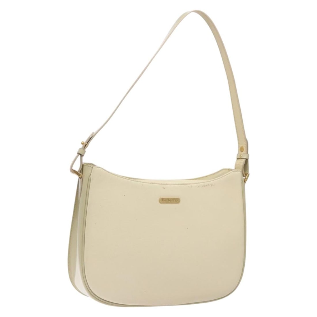 Burberrys Cream Gold Leather Shoulder Bag with Adjustable Strap: Burberrys Cream Gold Leather Shoulder Bag with Adjustable Strap This Burberrys shoulder bag exudes elegance with its cream and gold leather exterior. Designed for both style and functionality, it feat