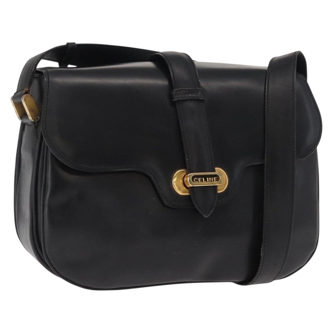 Celine Black Leather Shoulder Bag with Gold Accents Italy: Celine Black Leather Shoulder Bag with Gold Accents Italy This CELINE shoulder bag features black leather with gold-tone accents and is made in Italy. The bag shows signs of heavy use, including surfa