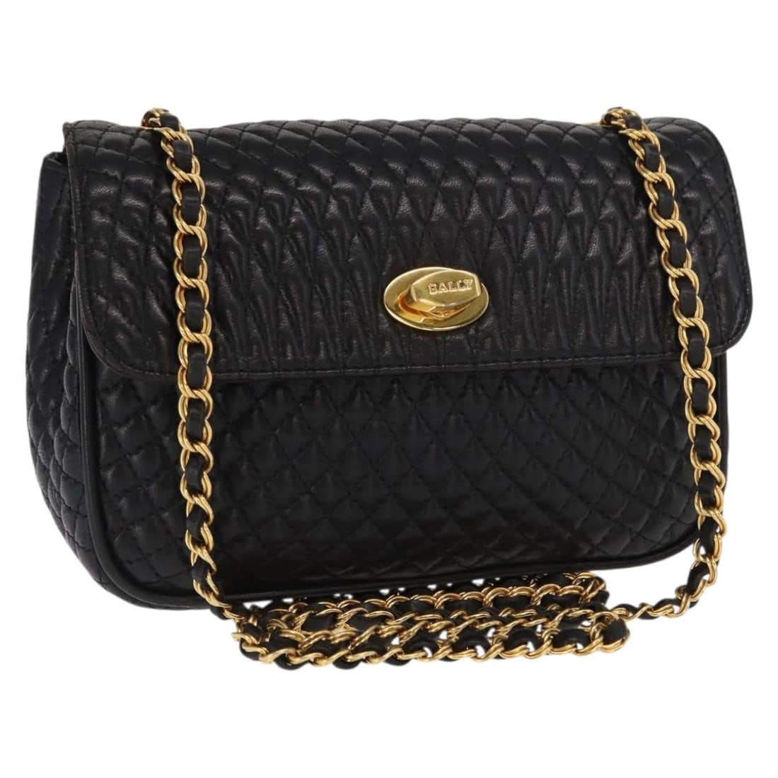 Bally Black Leather Shoulder Bag with Chain Strap Gold Accents: Bally Black Leather Shoulder Bag with Chain Strap Gold Accents This Bally chain shoulder bag features a black and gold leather exterior with a compact, structured silhouette. The bag is equipped with