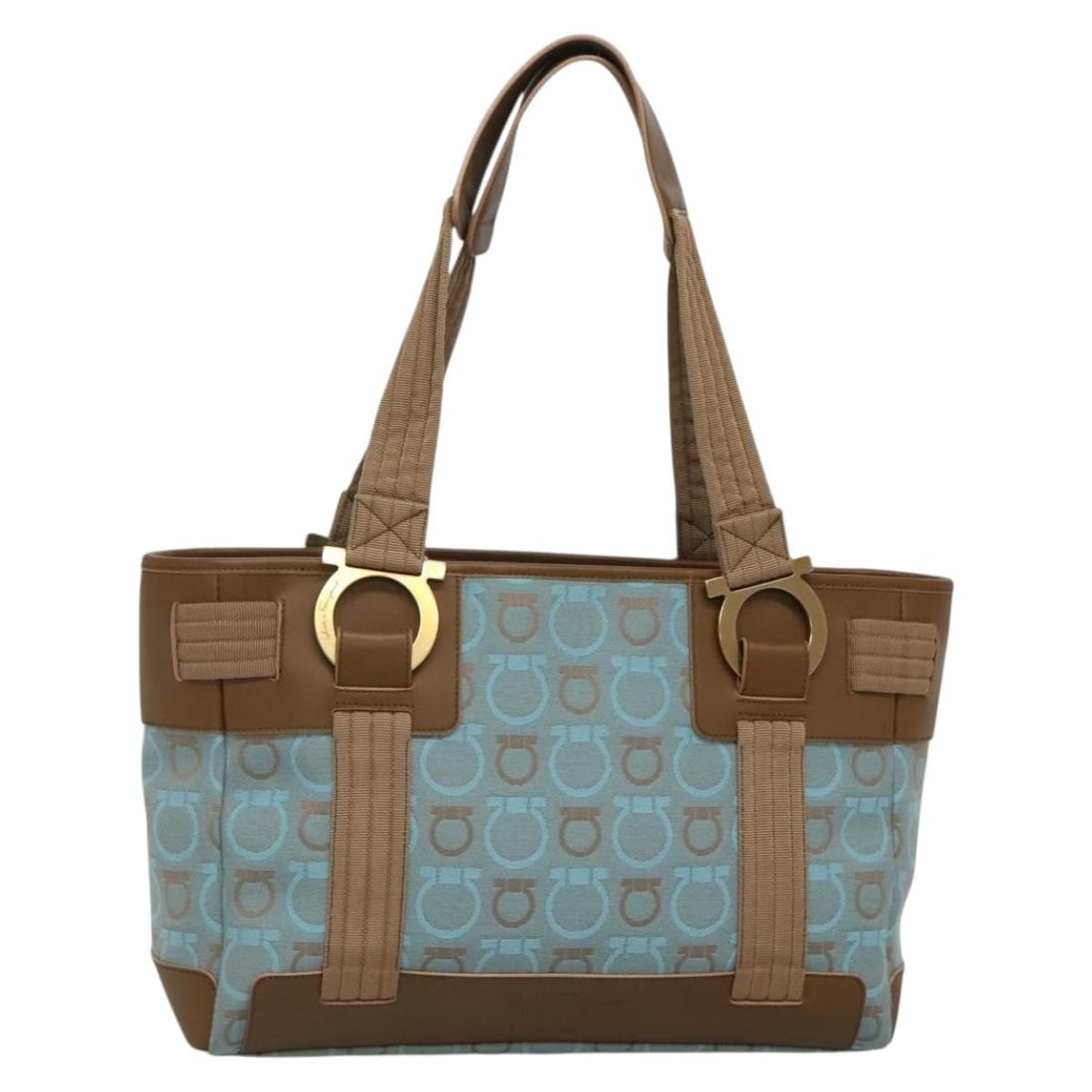 Salvatore Ferragamo Gancini Tote Bag Light Blue Gold Canvas Authentic: Salvatore Ferragamo Gancini Tote Bag Light Blue Gold Canvas Authentic This stylish Salvatore Ferragamo Gancini Tote Bag combines luxurious design with practical functionality. Crafted from high-qualit