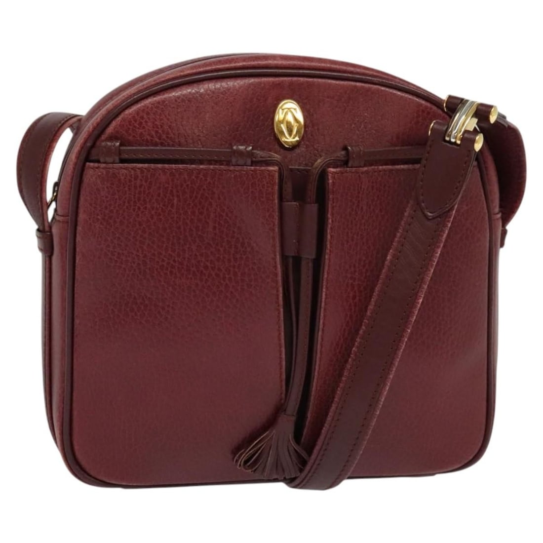 CARTIER Must Line Wine Red Leather Shoulder Bag with Dust Bag: CARTIER Must Line Wine Red Leather Shoulder Bag with Dust Bag Elevate your style with this exquisite CARTIER Must Line Shoulder Bag, crafted from luxurious leather in a rich wine red hue. This versati