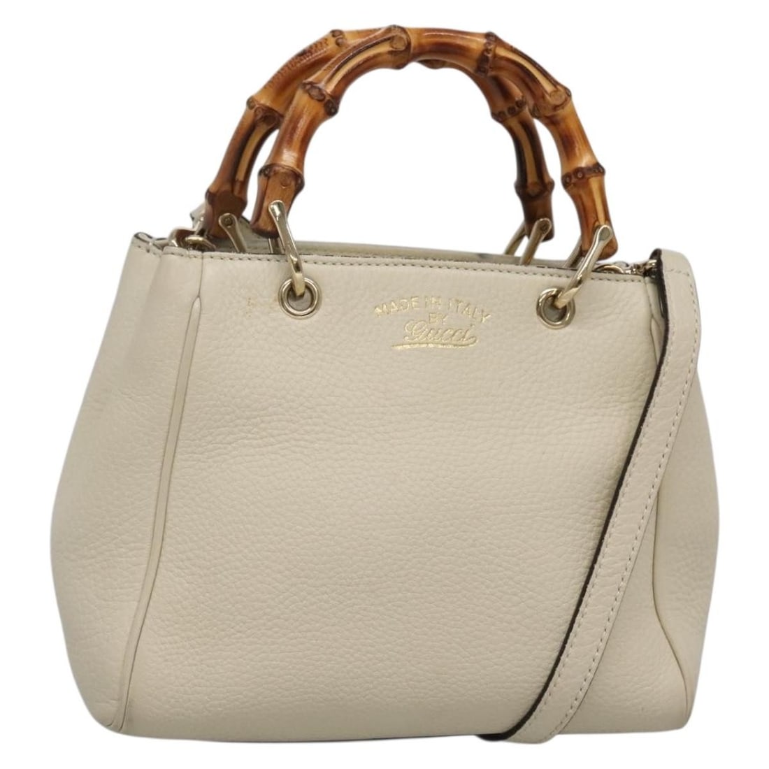 GUCCI Bamboo Hand Bag Leather White Gold 368823 Auth Italy: GUCCI Bamboo Hand Bag Leather White Gold 368823 Auth Italy This authentic GUCCI Bamboo Hand Bag is a stylish accessory crafted from high-quality leather, featuring a striking white and gold exterior.