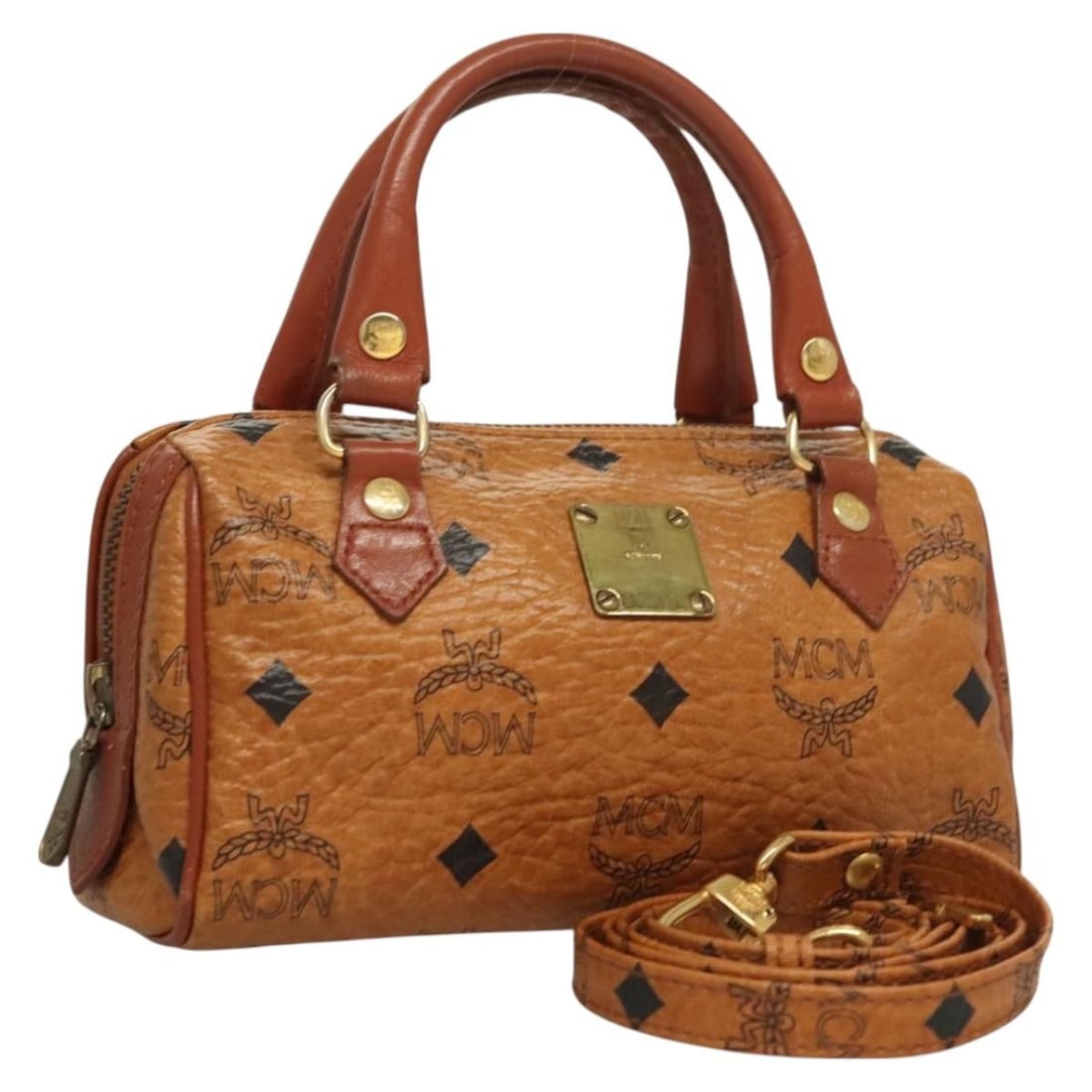 MCM Vicetos Logogram Mini Boston Bag PVC Leather Brown Gold Auth (1 of 18)