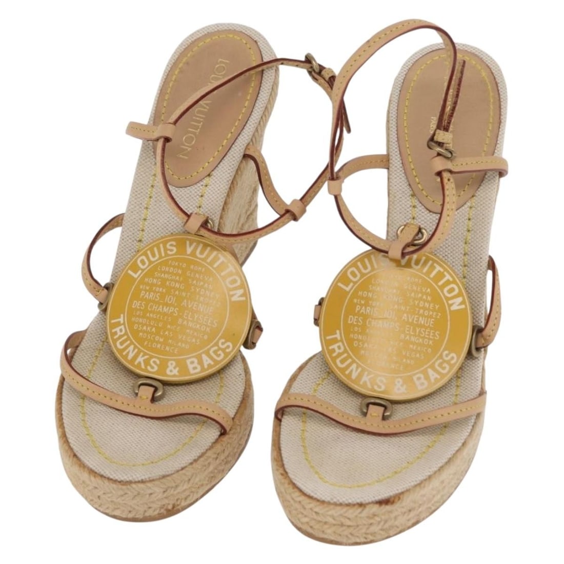 Beige Raffia Espadrille Sandals by Louis Vuitton Cruise Line Spain: Beige Raffia Espadrille Sandals by Louis Vuitton Cruise Line Spain These Louis Vuitton Cruise Line espadrille sandals feature a beige wood upper with a raffia design. Crafted in Spain, they are design