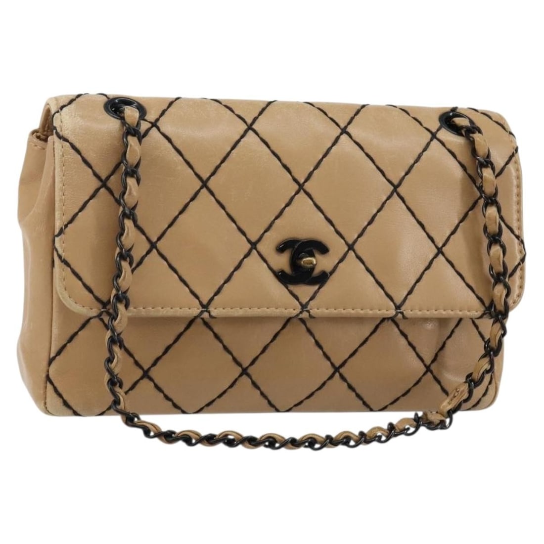CHANEL Wild Stitch Beige Leather Shoulder Bag with Chain Auth 6473368 (1 of 18)