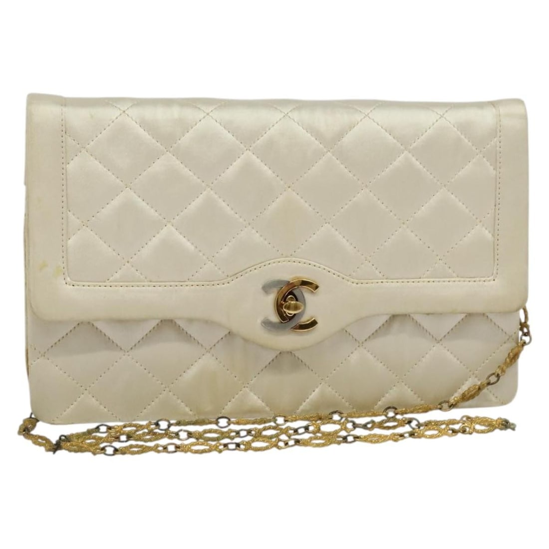 CHANEL Paris Limited Satin Matelasse Shoulder Bag White Gold Auth: CHANEL Paris Limited Satin Matelasse Shoulder Bag White Gold Auth This CHANEL Paris Limited Matelasse Chain Bag is a stunning shoulder bag crafted from luxurious satin in a chic white and gold color c