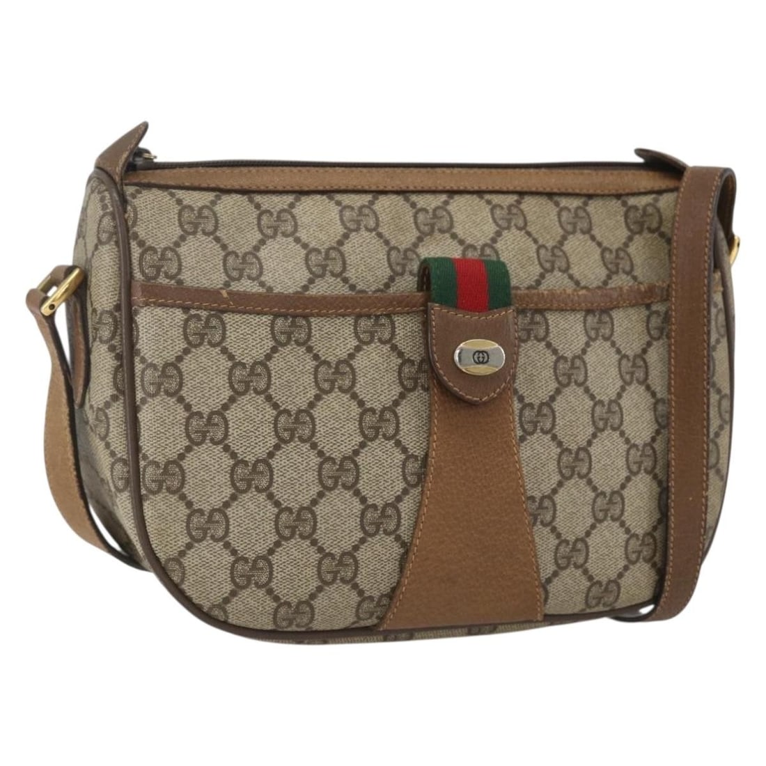 Beige and Gold GG Supreme Sherry Line Shoulder Bag by Gucci PVC 89 02 032: Beige and Gold GG Supreme Sherry Line Shoulder Bag by Gucci PVC 89 02 032 This Gucci GG Supreme Web Sherry Line shoulder bag is crafted from beige and gold PVC leather with GG canvas accents. The bag