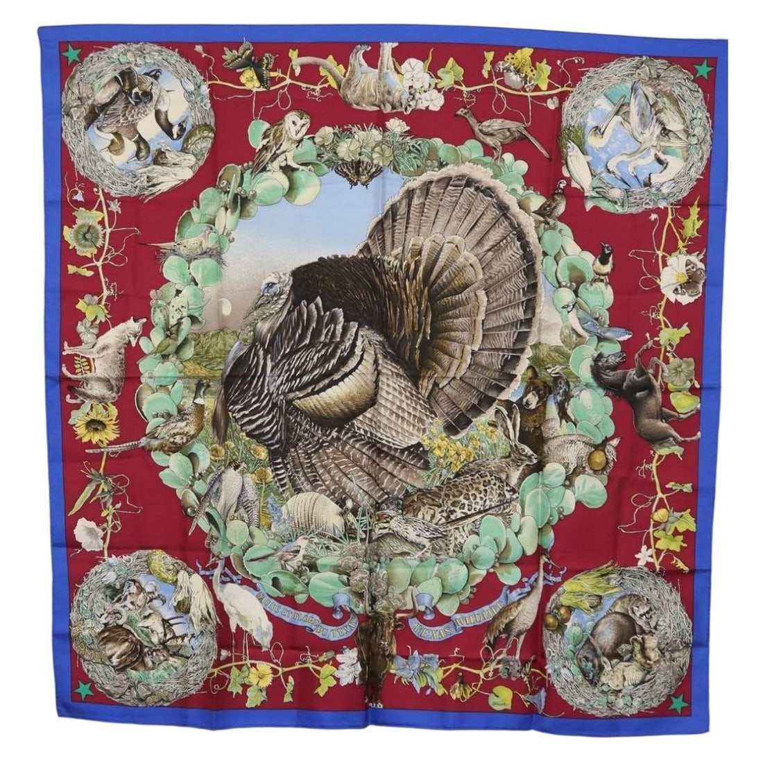 Silk Faune et Flore du Texas Carre 90 Scarf by Hermes Bordeaux 35.4" Square: Silk Faune et Flore du Texas Carre 90 Scarf by Hermes Bordeaux 35.4" Square This HERMES Carre 90 scarf, titled "FAUNE ET FLORE DU TEXAS TEXAS WILDLIFE," features a Bordeaux colorway and is crafted fro