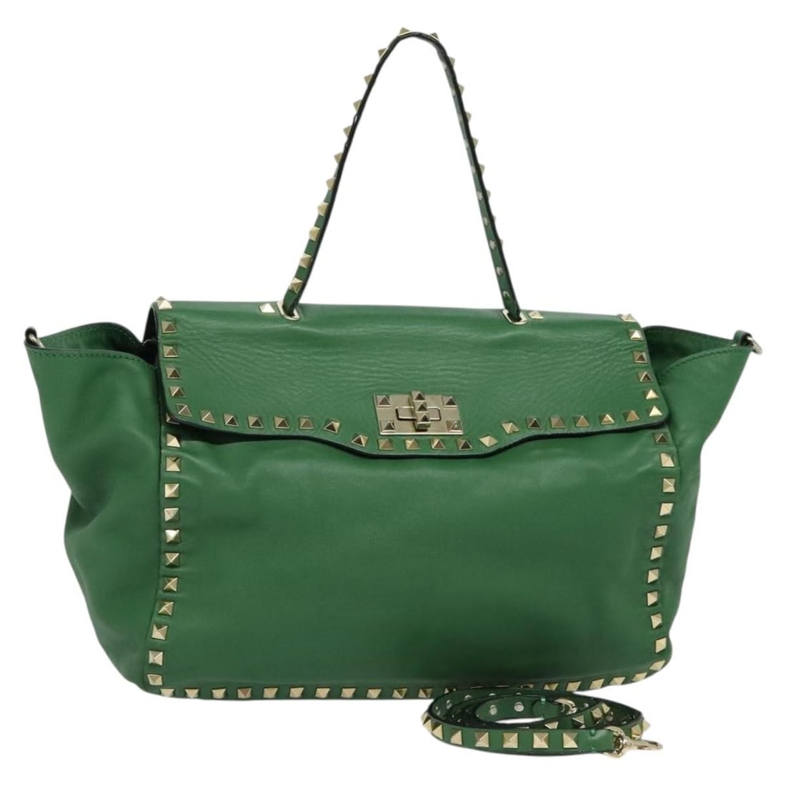VALENTINO Green Gold Studded Leather Hand Bag 2-Way Italy Auth BA1659V: VALENTINO Green Gold Studded Leather Hand Bag 2-Way Italy Auth BA1659V This authentic VALENTINO handbag combines elegance and versatility with its stylish design in green and gold leather. Measuring a