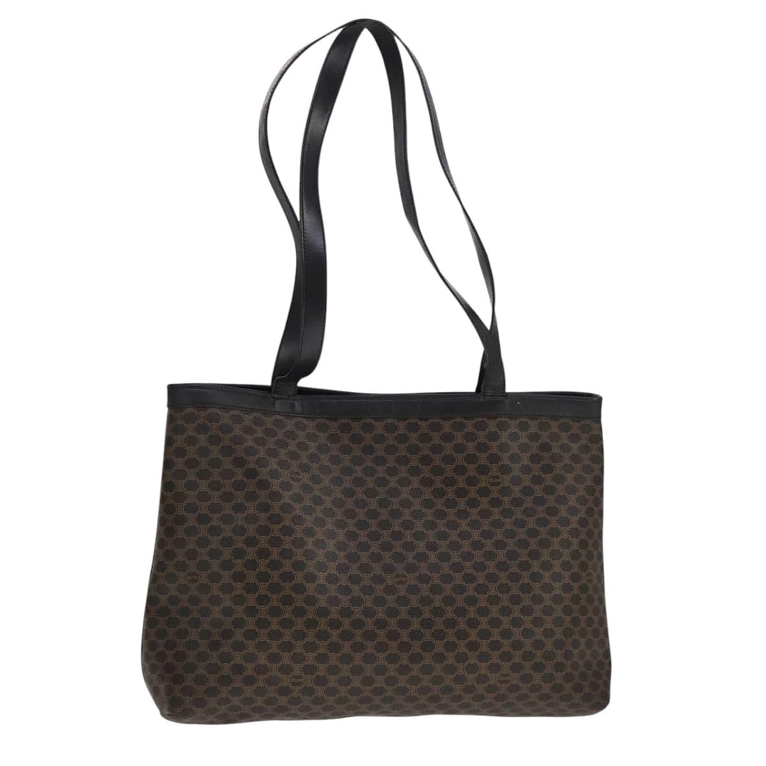 CELINE Black Macadam Canvas Tote Bag PVC Leather Made in Italy: CELINE Black Macadam Canvas Tote Bag PVC Leather Made in Italy This authentic CELINE Macadam Canvas Tote Bag showcases a stylish design with a classic black exterior. Crafted from durable PVC leather,