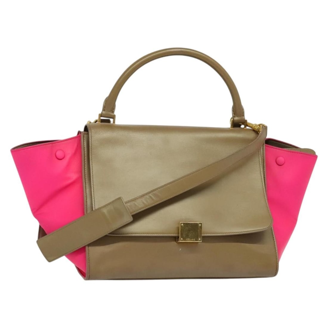 Authentic CELINE Trapeze Hand Bag Leather Beige Gold 2 Way Italy (1 of 18)