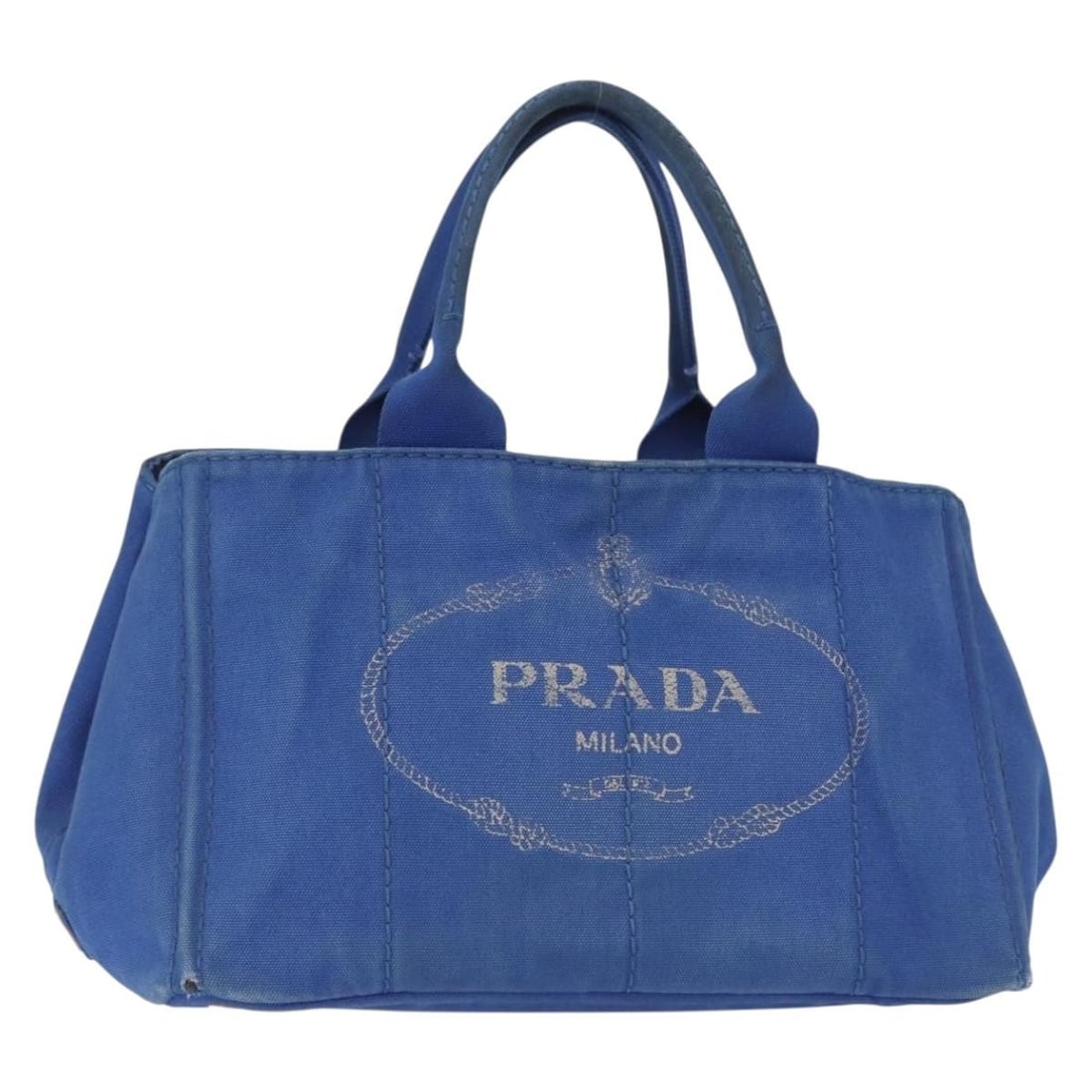 PRADA Canapa MM Blue Gold Canvas Hand Bag Auth Italy (1 of 18)