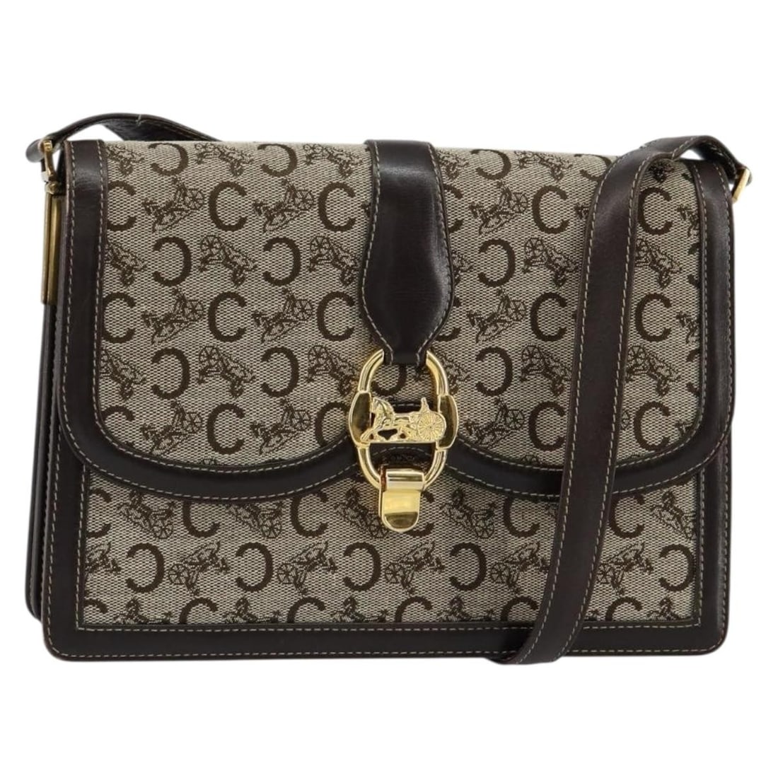 CELINE C Sulky Brown Gold Canvas Shoulder Bag Italy Auth: CELINE C Sulky Brown Gold Canvas Shoulder Bag Italy Auth Introducing the CELINE C Sulky Shoulder Bag, a stylish and functional accessory crafted from durable canvas in a rich brown and gold color comb