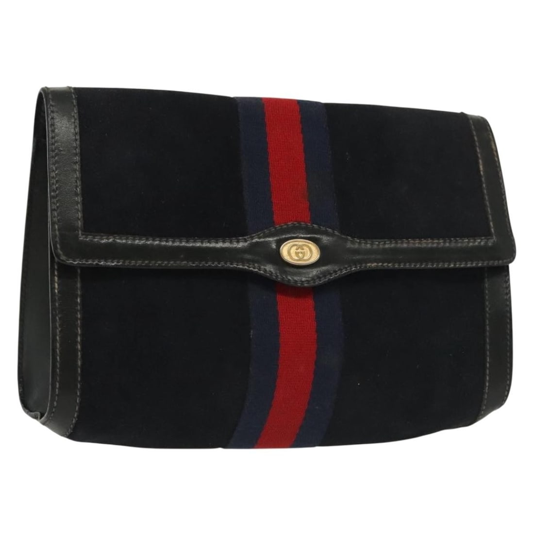 Gucci Sherry Line Navy Suede Clutch with Red and Gold Accents: Gucci Sherry Line Navy Suede Clutch with Red and Gold Accents This Gucci Sherry Line clutch bag is crafted from suede in navy, red, and gold tones. Made in Italy, it features a classic clutch style wi
