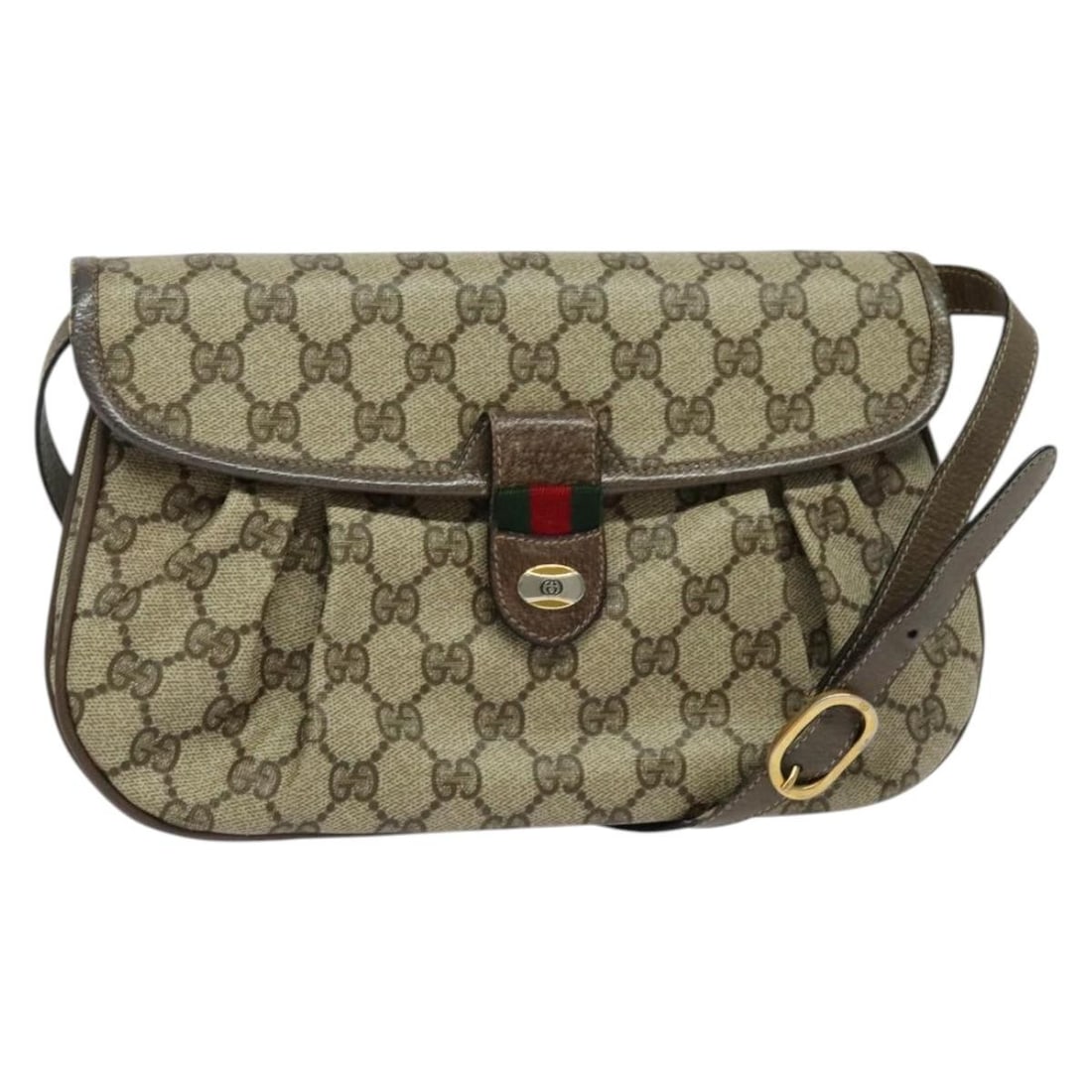 GUCCI GG Supreme Web Sherry Bag Beige Gold PVC 14 02 051 Auth: GUCCI GG Supreme Web Sherry Bag Beige Gold PVC 14 02 051 Auth Introducing the GUCCI GG Supreme Web Sherry Line Shoulder Bag, crafted from premium PVC leather in an elegant beige and gold colorway. Thi
