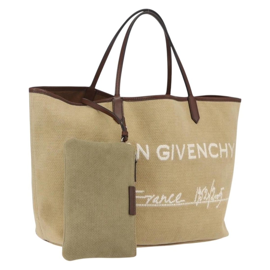Beige Canvas Givenchy Tote with Pouch Made in Italy: Beige Canvas Givenchy Tote with Pouch Made in Italy This Givenchy tote bag is crafted from beige canvas and features a spacious interior. Made in Italy, the bag includes a matching pouch accessory and