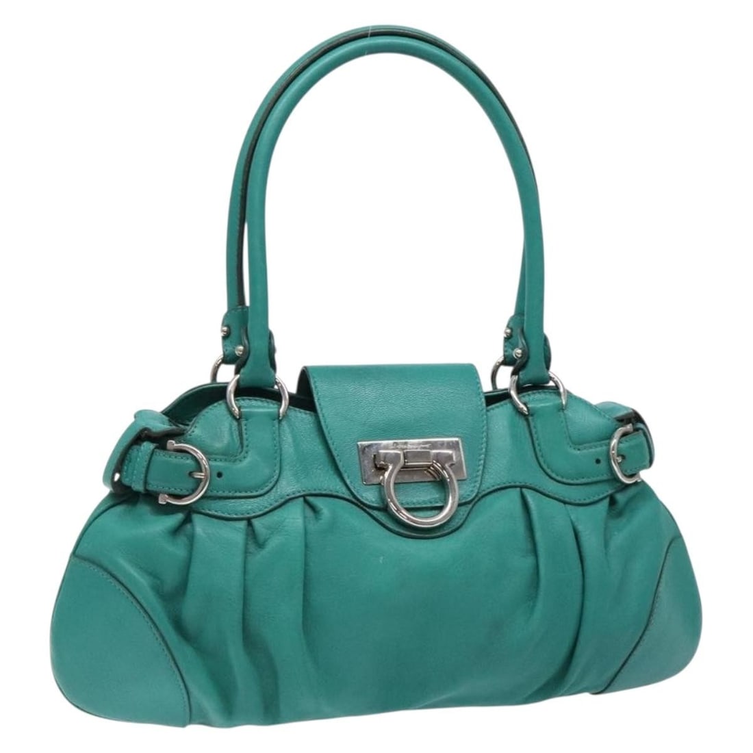 Salvatore Ferragamo Gancini Shoulder Bag Leather Silver Emerald Green Italy (1 of 18)