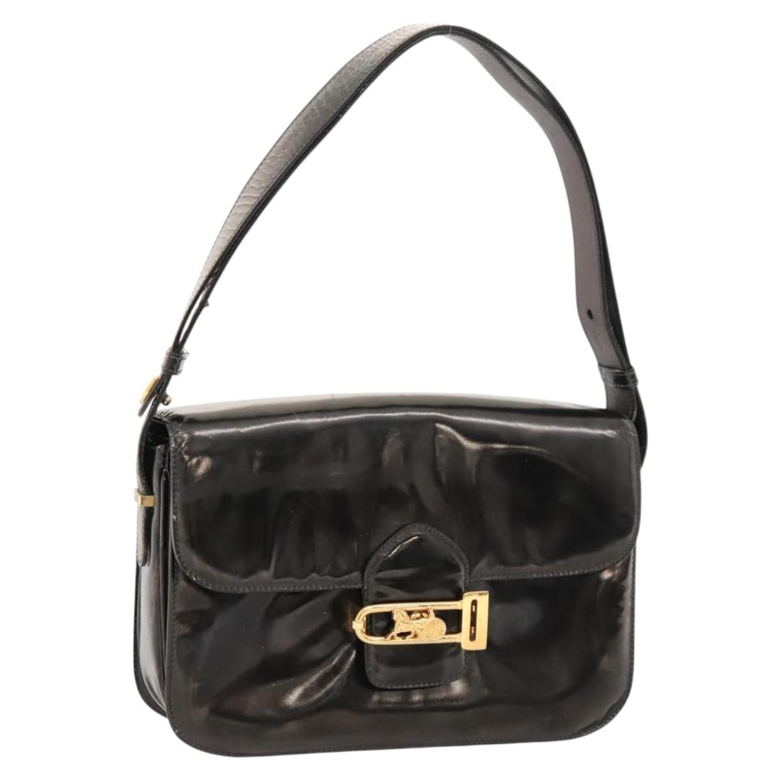 CELINE Black Enamel Horse Carriage Shoulder Bag Made in Italy: CELINE Black Enamel Horse Carriage Shoulder Bag Made in Italy Elevate your accessory collection with this authentic CELINE Horse Carriage Shoulder Bag. Crafted in Italy from durable enamel, this styli