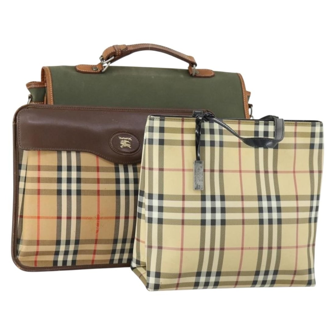 Burberrys Nova Check Canvas Hand Bag 3 Piece Set Beige Green: Burberrys Nova Check Canvas Hand Bag 3 Piece Set Beige Green This Burberrys Nova Check Hand Bag is a stylish and practical accessory crafted from durable canvas in a chic beige and green color scheme.