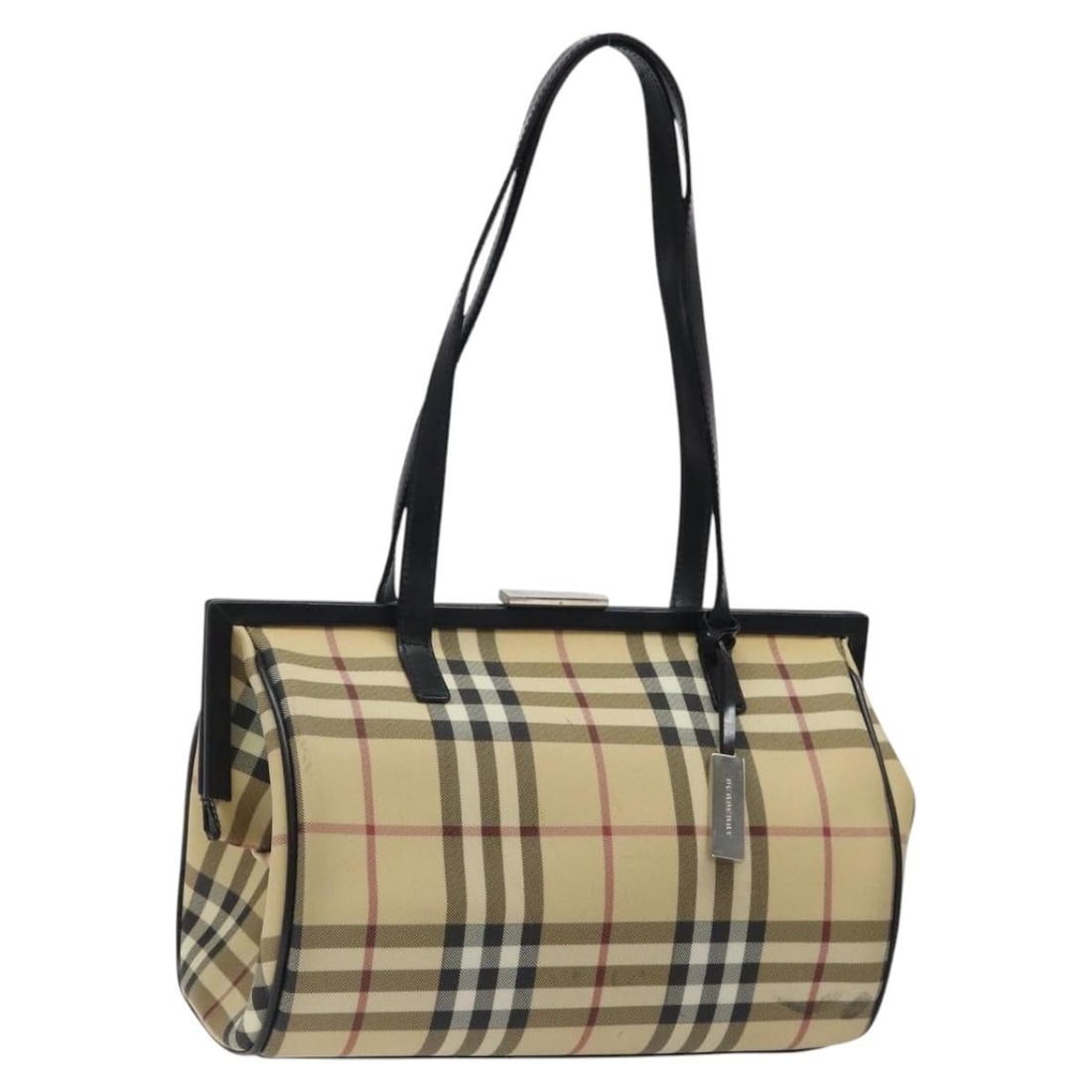 Beige PVC Shoulder Bag by Burberry Nova Check Pattern: Beige PVC Shoulder Bag by Burberry Nova Check Pattern This Burberry Nova Check shoulder bag features a beige PVC leather exterior with the iconic check pattern. The bag is made in Italy and includes a