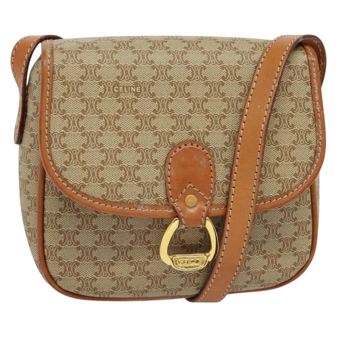 Authentic CELINE Macadam Canvas Beige Gold Shoulder Bag PVC Leather: Authentic CELINE Macadam Canvas Beige Gold Shoulder Bag PVC Leather This stylish Celine Macadam Canvas Shoulder Bag is a chic accessory made from durable PVC leather, showcasing a sophisticated beige