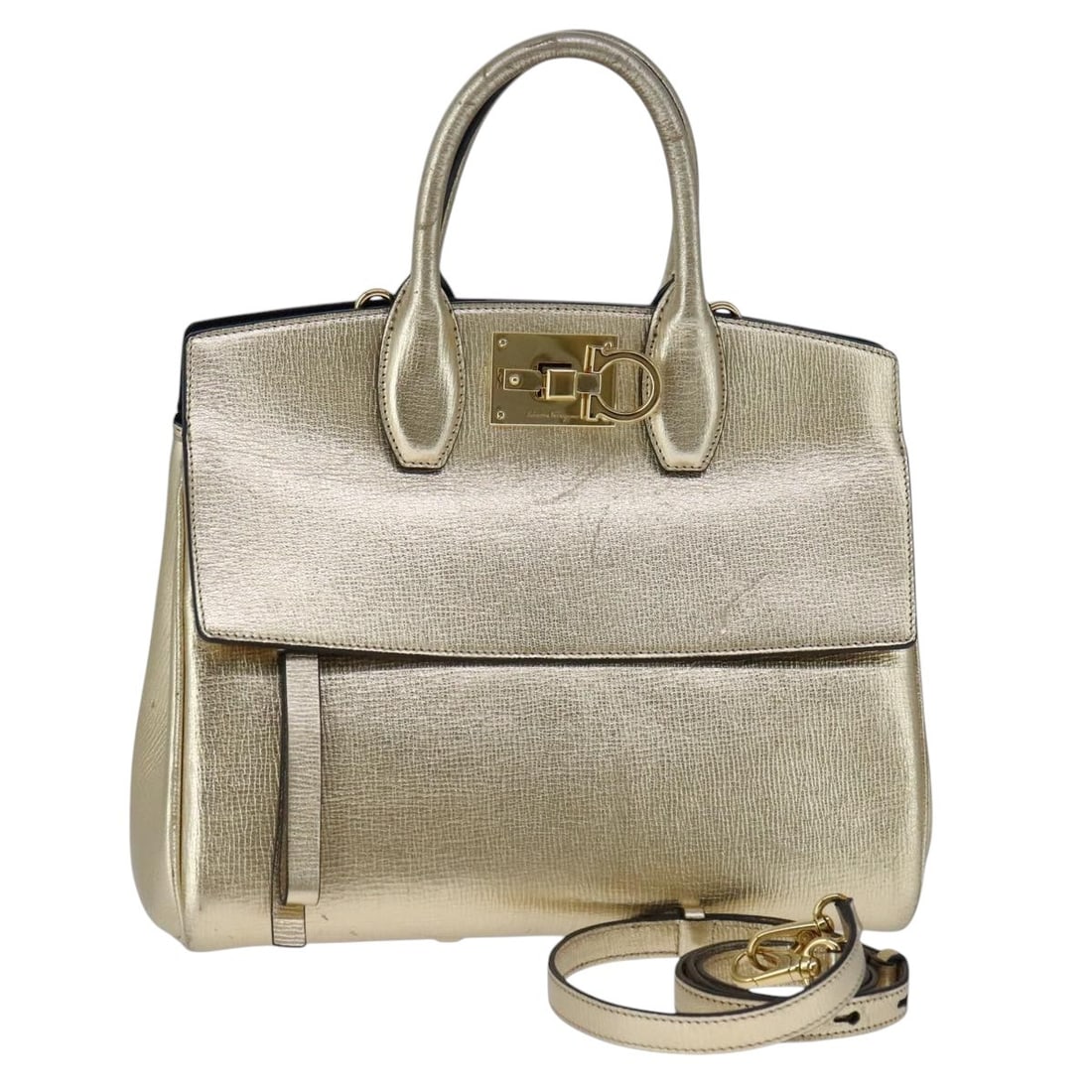 Salvatore Ferragamo Gold Leather 2-Way Handbag Auth FZ-21 H 159 (1 of 18)