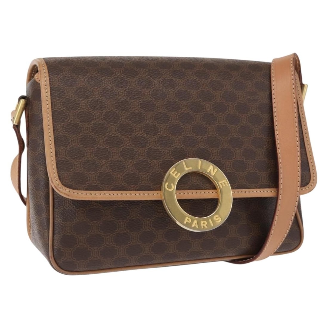 Macadam Canvas Brown PVC Leather Shoulder Bag by CELINE Gold Accents: Macadam Canvas Brown PVC Leather Shoulder Bag by CELINE Gold Accents This CELINE shoulder bag features the classic Macadam canvas with PVC leather accents in brown and gold tones. Crafted in Italy, it