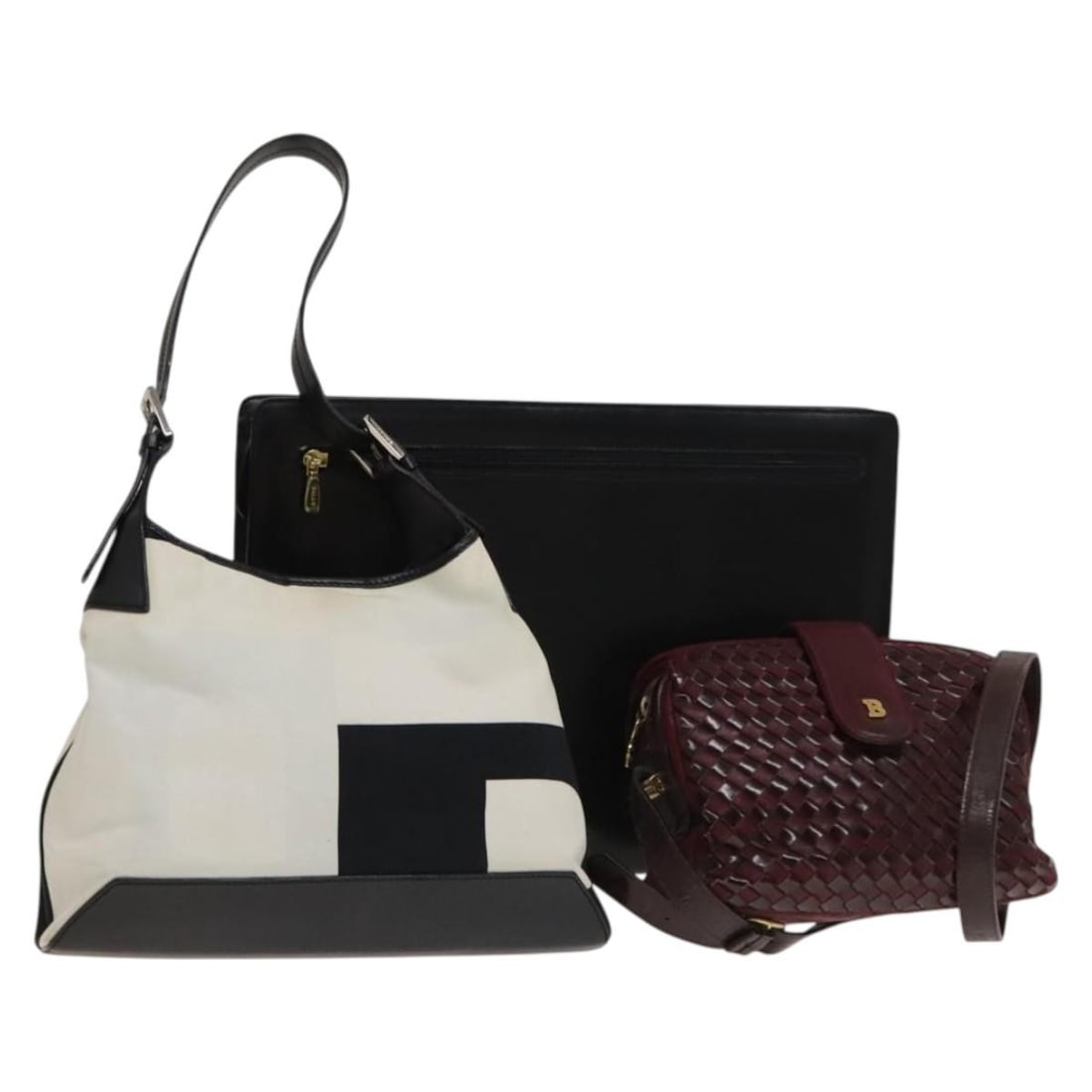 BALLY Canvas Shoulder Bag Set of 3 Bordeaux Black White Authentic: BALLY Canvas Shoulder Bag Set of 3 Bordeaux Black White Authentic This BALLY shoulder bag set features a stylish combination of Bordeaux, black, and white canvas, making it a versatile accessory for a