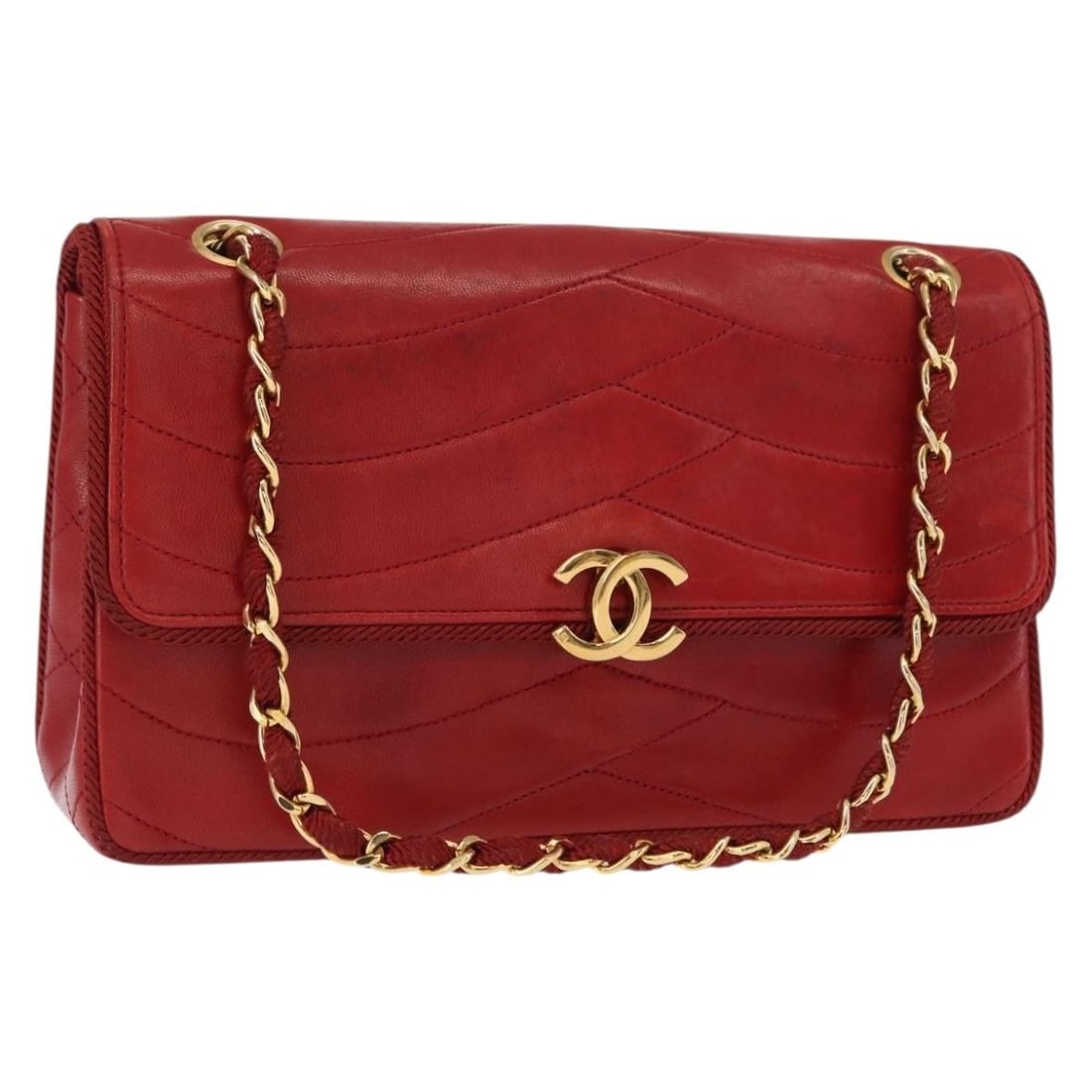 CHANEL Red Lambskin Matelasse Shoulder Bag Gold CC Auth 159750 (1 of 18)