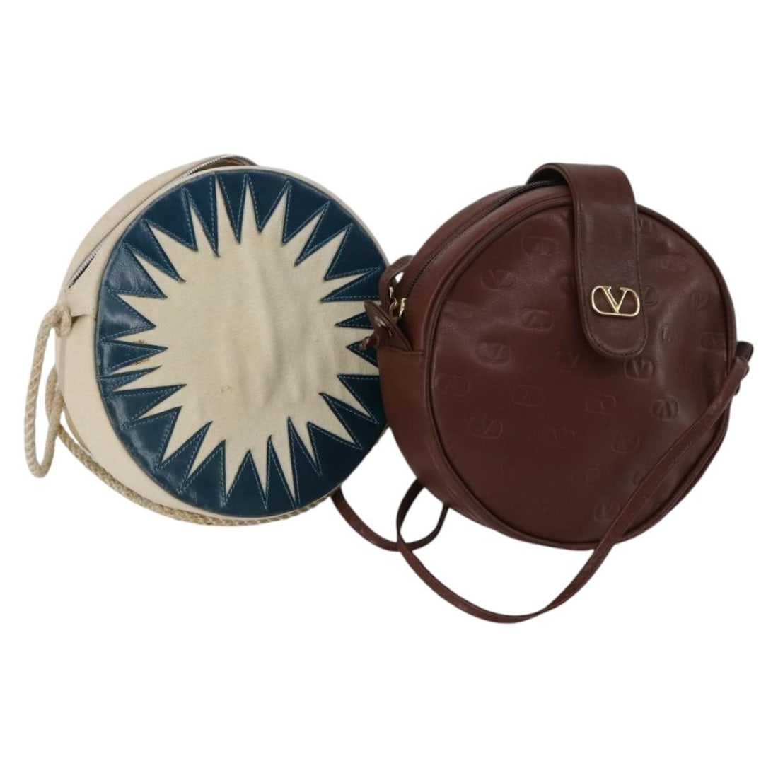 VALENTINO Beige Brown Canvas Leather Shoulder Bag Set of 2 Auth (1 of 17)