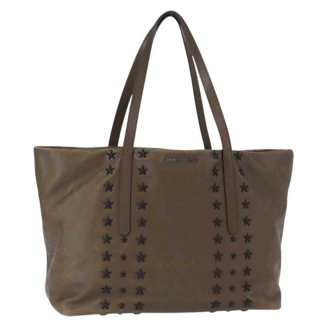 Jimmy Choo Brown Leather Studs Tote Bag Silver Details Auth BA8672: Jimmy Choo Brown Leather Studs Tote Bag Silver Details Auth BA8672 This authentic Jimmy Choo Tote Bag is a stylish accessory crafted in Italy from premium leather, featuring a chic brown and silver ex