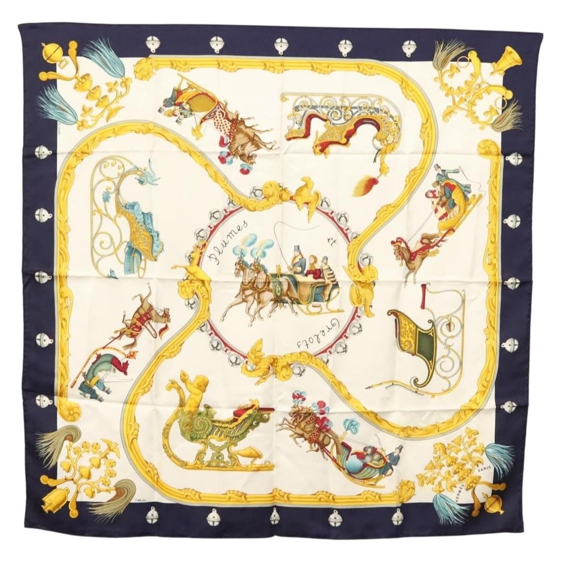HERMES Carre 90 Silk Scarf Plumes et Grelots Navy France (1 of 14)
