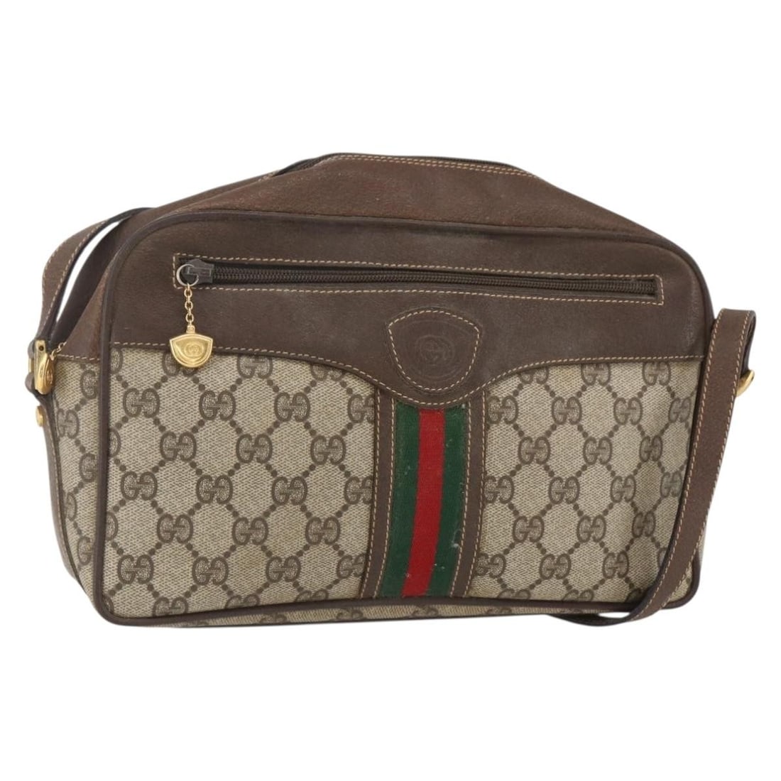 Gucci GG Canvas Shoulder Bag Beige Red Gold 001 56 0860 Web Sherry Line: Gucci GG Canvas Shoulder Bag Beige Red Gold 001 56 0860 Web Sherry Line This is a Gucci GG Supreme Web Sherry Line shoulder bag crafted in GG canvas in beige, gold, and red. Made in Italy, the bag fea