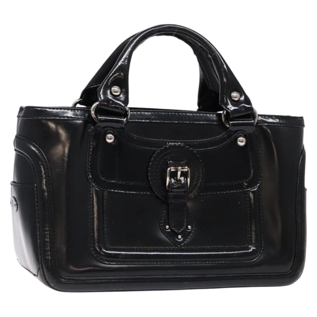 Patent Leather Black Boogie Handbag by CELINE Silver Tone Made in Italy: Patent Leather Black Boogie Handbag by CELINE Silver Tone Made in Italy Introducing the CELINE Boogie Bag Hand Bag, a stylish accessory crafted from high-quality enamel in a striking black and silver