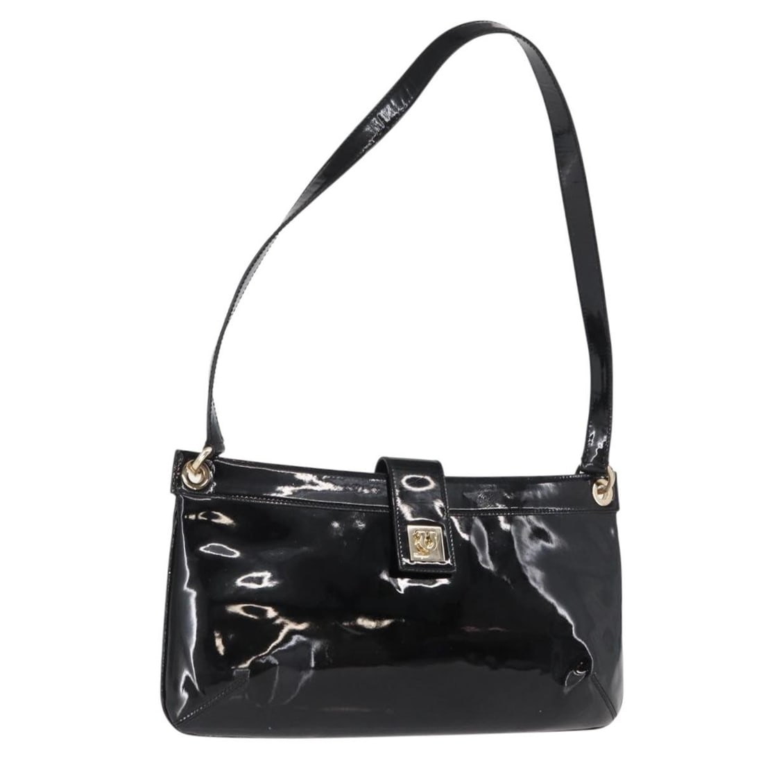 Salvatore Ferragamo Gancini Shoulder Bag Black Gold Enamel Italy: Salvatore Ferragamo Gancini Shoulder Bag Black Gold Enamel Italy This Salvatore Ferragamo Gancini Shoulder Bag is a stylish accessory made in Italy, featuring a striking black and gold enamel exterior