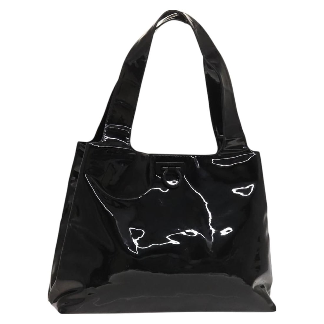 Salvatore Ferragamo Gancini Black Enamel Tote Bag Made in Italy: Salvatore Ferragamo Gancini Black Enamel Tote Bag Made in Italy This stylish Salvatore Ferragamo Gancini Tote Bag is crafted from durable enamel with a sleek black exterior. The bag measures approxima