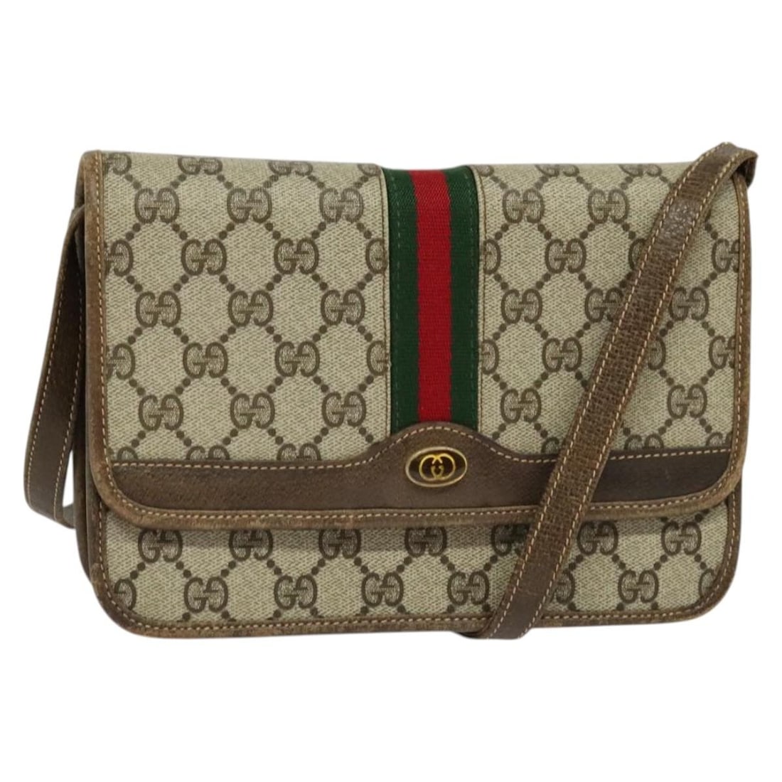 GUCCI GG Supreme Sherry Line Shoulder Bag Beige Green Red PVC Auth (1 of 18)